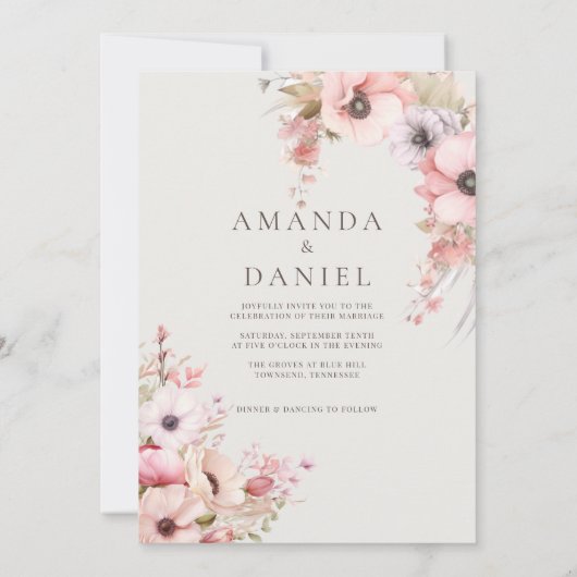 ロマンチック赤面ピンクフローラ結婚式招待状 招待状 (裏面)