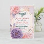 ロマンチック赤面ピンクブルーフローラ結婚の金ゴールドフレーム 招待状 (スタンド正面)