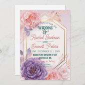 ロマンチック赤面ピンクブルーフローラ結婚の金ゴールドフレーム 招待状 (正面/裏面)