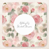 ロマンチック赤面ピンクローズフローラブライダルシャワー スクエアペーパーコースター (正面)