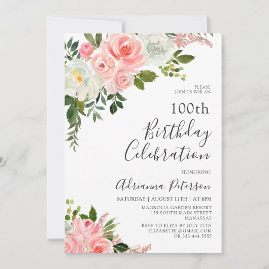 ロマンチック赤面ピンクローズフローラ100誕生日 招待状 (正面)