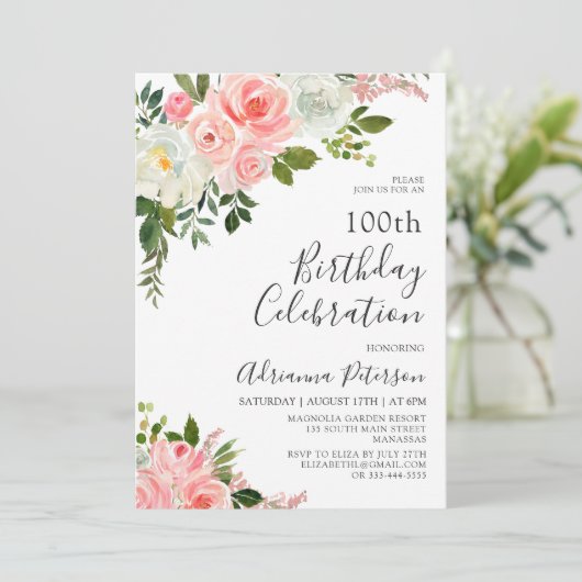 ロマンチック赤面ピンクローズフローラ100誕生日 招待状 (スタンド正面)