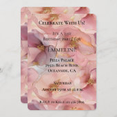 ロマンチック赤面ピンク金ゴールドグリッツフラワーズ誕生日 招待状 (正面/裏面)