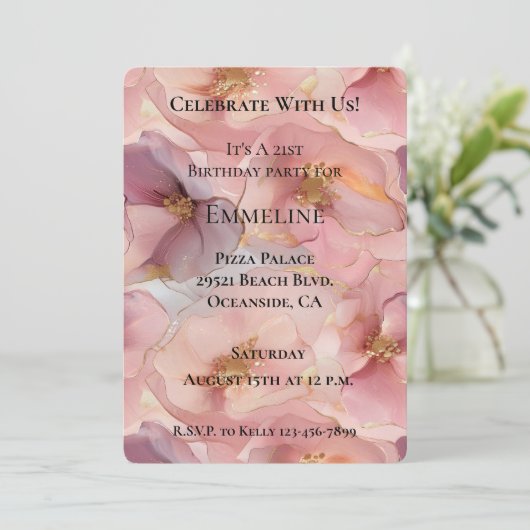 ロマンチック赤面ピンク金ゴールドグリッツフラワーズ誕生日 招待状 (スタンド正面)