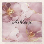 ロマンチック赤面ピンク金ゴールドフローラ誕生日 ガラスコースター (正面)