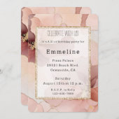 ロマンチック赤面ピンク金ゴールドフローラ誕生日 招待状 (正面/裏面)