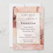 ロマンチック赤面ピンク金ゴールドフローラ誕生日 招待状 (正面)