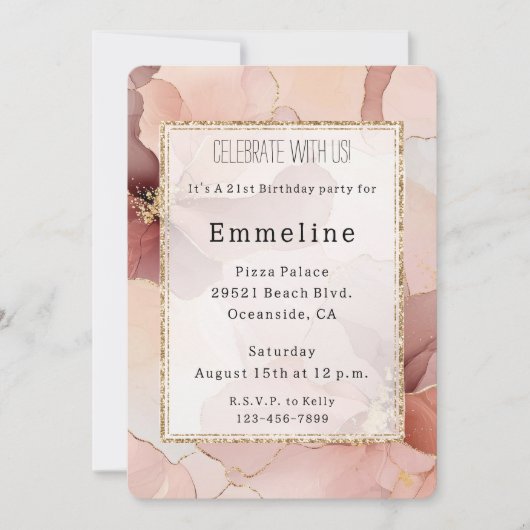 ロマンチック赤面ピンク金ゴールドフローラ誕生日 招待状 (正面)