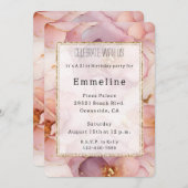 ロマンチック赤面ピンク金ゴールドフローラ誕生日 招待状 (正面/裏面)