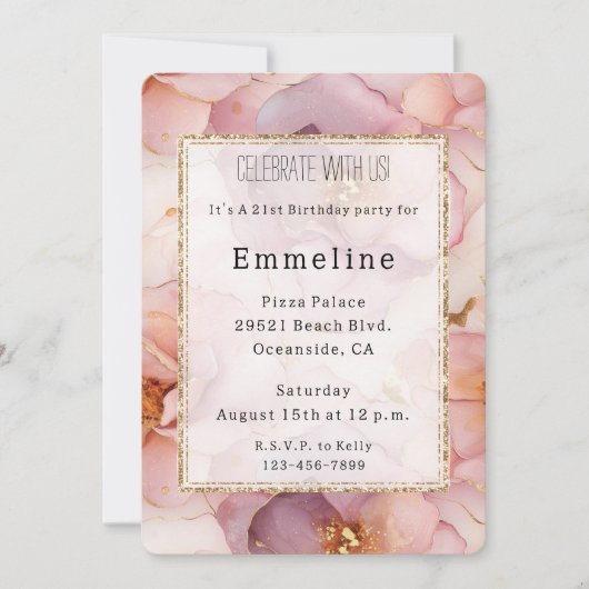 ロマンチック赤面ピンク金ゴールドフローラ誕生日 招待状 (正面)
