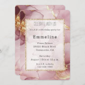 ロマンチック赤面ピンク金ゴールド抽象芸術フローラ誕生日 招待状 (正面/裏面)