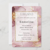 ロマンチック赤面ピンク金ゴールド抽象芸術フローラ誕生日 招待状 (正面)