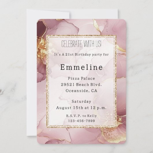 ロマンチック赤面ピンク金ゴールド抽象芸術フローラ誕生日 招待状 (正面)