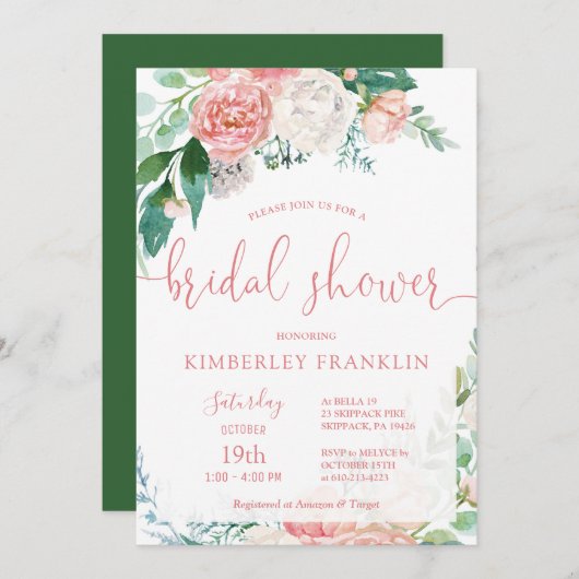 ロマンチック赤面フローラと金ゴールドブライダルシャワー招待 招待状 (正面/裏面)