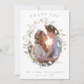 ロマンチック赤面フローラリース結婚写真 サンキューカード (正面)