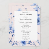 ロマンチック赤面ブルーフローラブライダルシャワー 招待状 (正面/裏面)