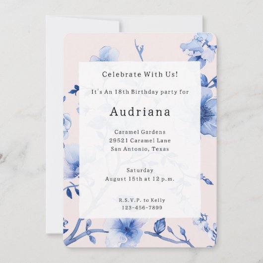 ロマンチック赤面ブルーフローラ誕生日 招待状 (正面)