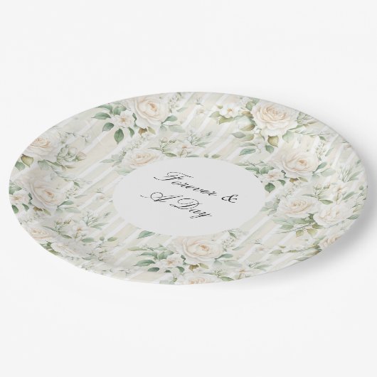 ロマンチック赤面ホワイトローズストライプフローラ結婚ズ ペーパープレート (アングル)