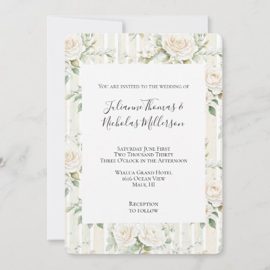 ロマンチック赤面ホワイトローズストライプフローラ結婚ズ 招待状 (正面)