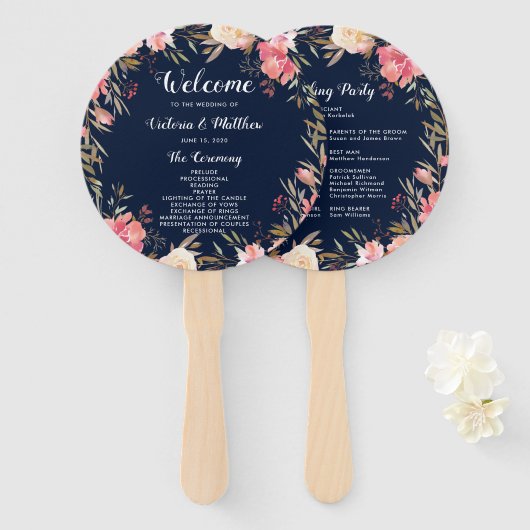 ロマンチック赤面開花フローラ結婚式 プログラム ハンドファン (正面&裏面)