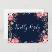 ロマンチック赤面開花フローラ結婚式RSVP | ネイビー インビテーションポストカード (正面/裏面)