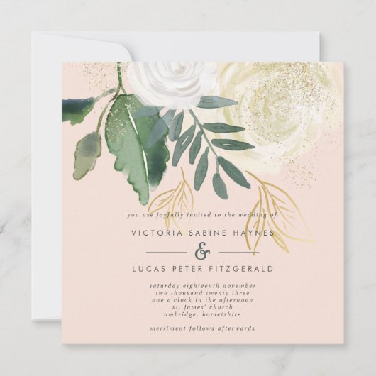 ロマンチック赤面&グリーンスクエア結婚ズ 招待状 (正面)