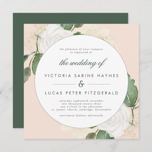 ロマンチック赤面&グリーン結婚式招待状 招待状 (正面/裏面)