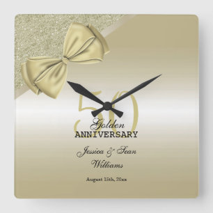 ロマンチック金ゴールドボウ&グリッター50結婚th    スクエア壁時計
