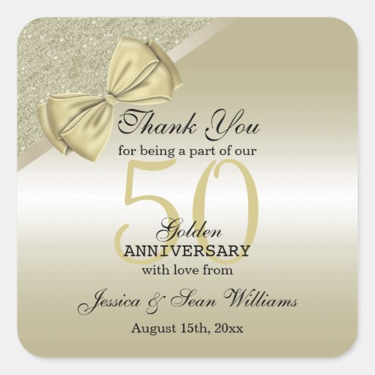 ロマンチック金ゴールドボウ&グリッター50th 結婚s スクエアシール (正面)