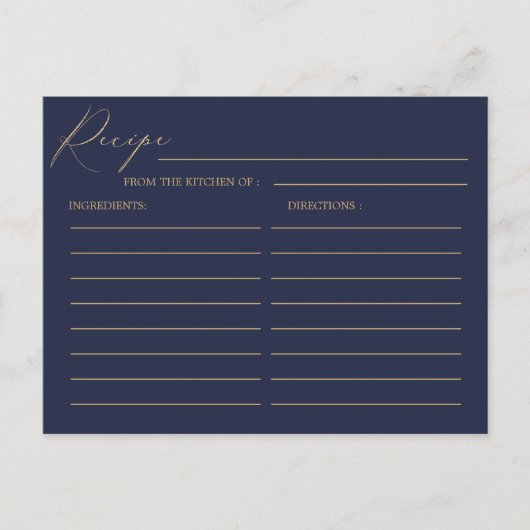 ロマンチック金ゴールド書道ネイビー結婚ブルーのレシピ ポストカード (正面)