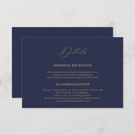 ロマンチック金ゴールド書道ネイビー結婚ブルーの詳細 エンクロージャーカード (正面/裏面)