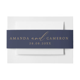 ロマンチック金ゴールド書道ネイビー結婚ブルー 招待状ベリーバンド