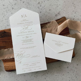 ロマンチック金ゴールド書道モノグラム結婚ズ オールインワン招待状