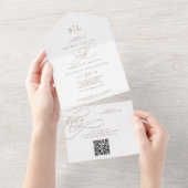 ロマンチック金ゴールド書道モノグラムQRコード結婚ズ オールインワン招待状 (貼ってはがせる)