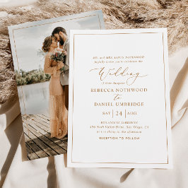 ロマンチック金ゴールド書道結婚写真 招待状