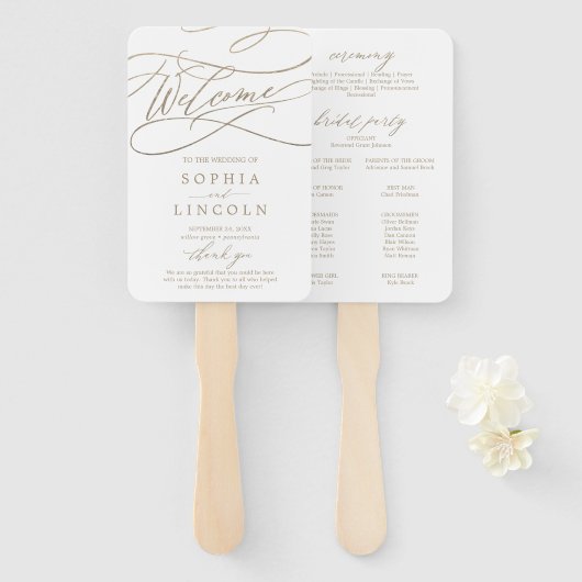 ロマンチック金ゴールド書道結婚式 プログラムファン ハンドファン (正面&裏面)