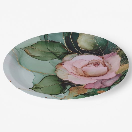 ロマンチック金ゴールド赤面ピンクローズフローラブライダルシャワー ペーパープレート (アングル)