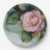 ロマンチック金ゴールド赤面ピンクローズフローラブライダルシャワー ペーパープレート (正面)