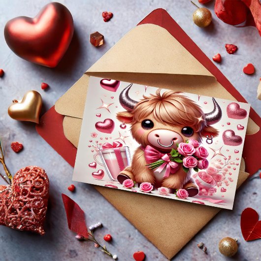 ロマンチック開花ハイランドカウバレンタイン シーズンポストカード