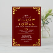 ロマンチック アートデコ ゴールド & バーガンディーフォイル招待状 箔招待状 (立ち正面)