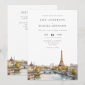 ロマンチック ウォーターカラー パリ フランス QRコード ウェディング 招待状 (正面/裏面)