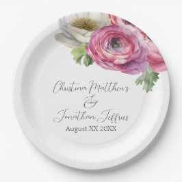 ロマンチック ウォーターカラー ピンク＆ホワイト ラナンキュラス ペーパープレート
