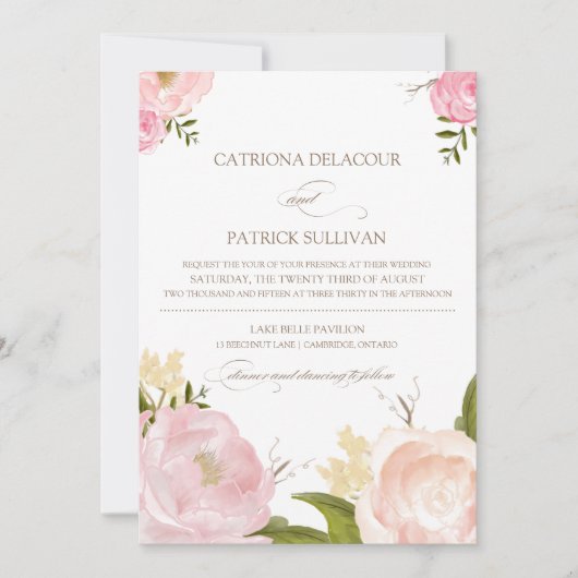 ロマンチック ウォーターカラー フラワー ウェディング 招待状 III (正面)