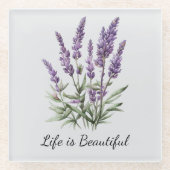 ロマンチック グレー パープル ラベンダー フラワーブライダルシャワー ガラスコースター (正面)