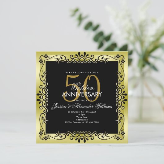 ロマンチック ゴールド デコレーション フレーム 50周年 結婚記念日 招待状 (スタンド正面)
