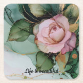 ロマンチック ゴールド ブラッシュ ピンク ローズ フラワーブライダルシャワー スクエアペーパーコースター (正面)