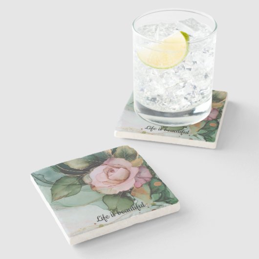 ロマンチック ゴールド ブラッシュ ピンク ローズ フラワーブライダルシャワー ストーンコースター (横)