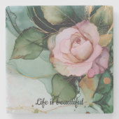 ロマンチック ゴールド ブラッシュ ピンク ローズ フラワーブライダルシャワー ストーンコースター (正面)