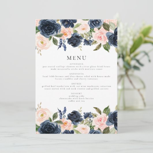 ロマンチック&スウィートネイビー赤面フローラディナーメニュー 招待状 (スタンド正面)
