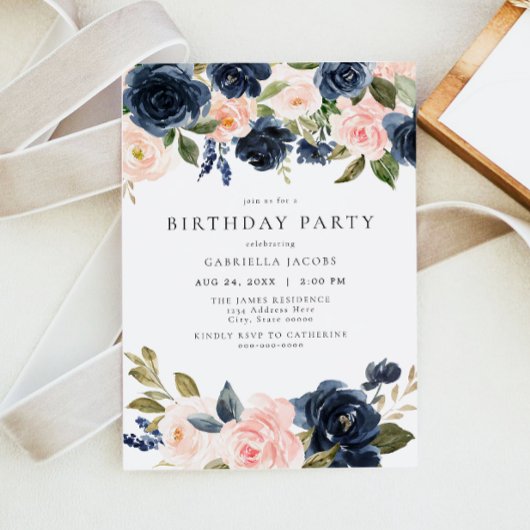 ロマンチック&スウィートネイビー赤面フローラ誕生日パーティー 招待状